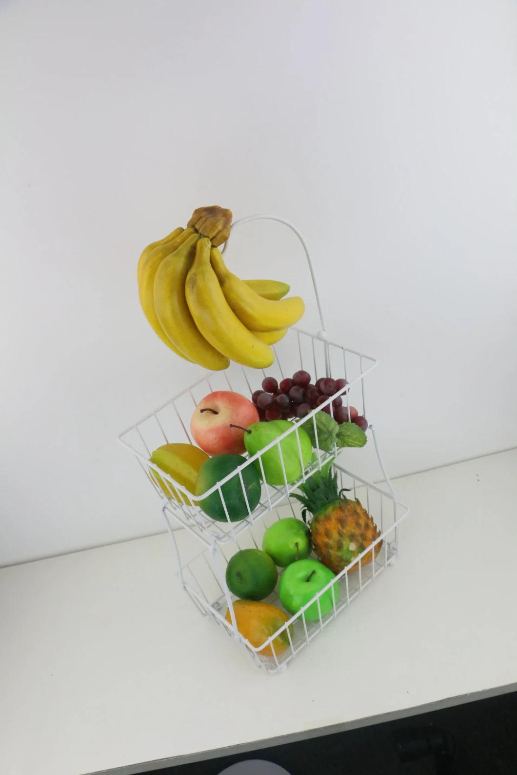 Powder Coat White Banana Hook Living Countertop Home Decor 2-Tier Fruit Basket