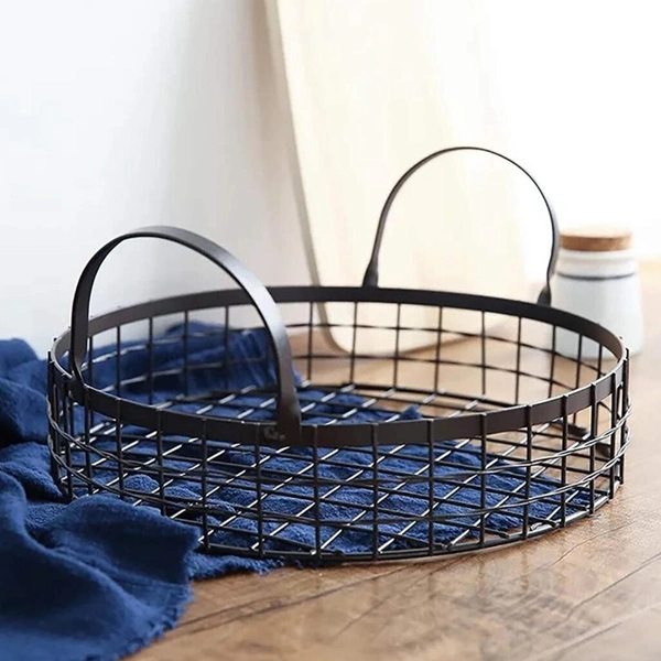 Round Metal Fruit Basket with Handle Decorative Bread Serving Tray