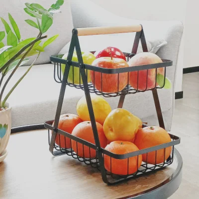 Factory Wholesale 2 Tier Rectangle Detachable Fruit Bread Basket with Wood Handle
