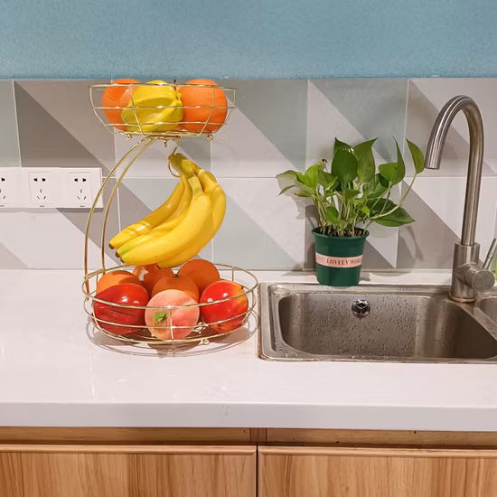 Custom Metal Wire Detachable Gold 2 Tier Fruit Basket with Banana Hanger Stand