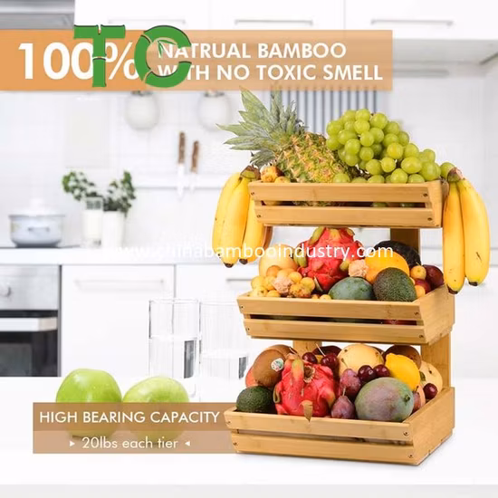 2-Tier Bamboo Fruit Holder Vegetable Bread Storage Stand, Bamboo Fruit Basket for Kitchen