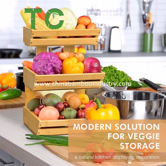 2-Tier Bamboo Fruit Holder Vegetable Bread Storage Stand, Bamboo Fruit Basket for Kitchen