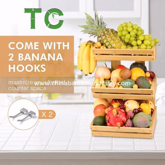 2-Tier Bamboo Fruit Holder Vegetable Bread Storage Stand, Bamboo Fruit Basket for Kitchen